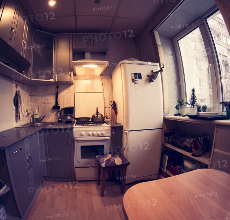 Fish-eye lens view of domestic kitchen