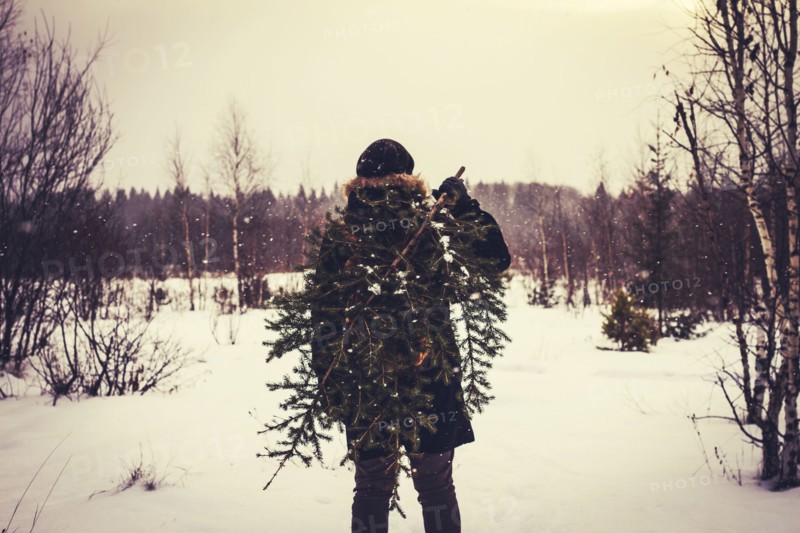 Caucasian man carrying tree in snowy field