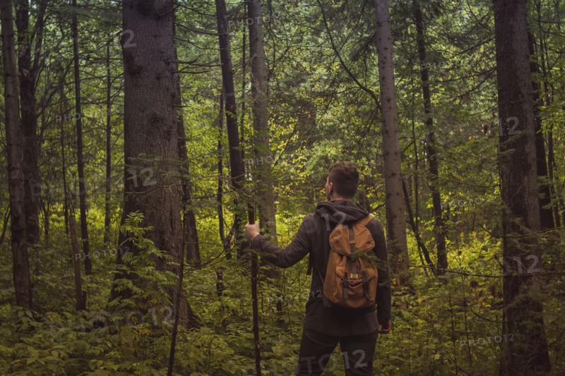 Caucasian man walking in forest