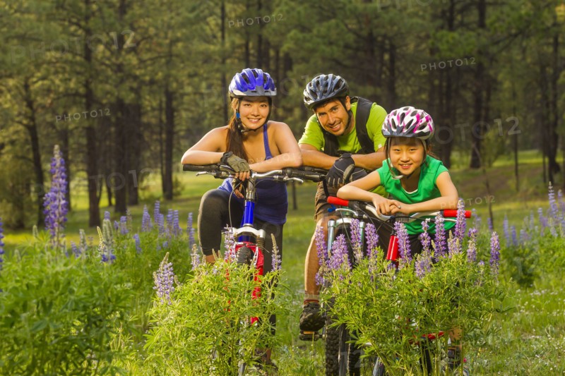 Family sitting on bicycles in meadow