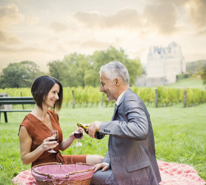 Caucasian couple enjoying wine at picnic