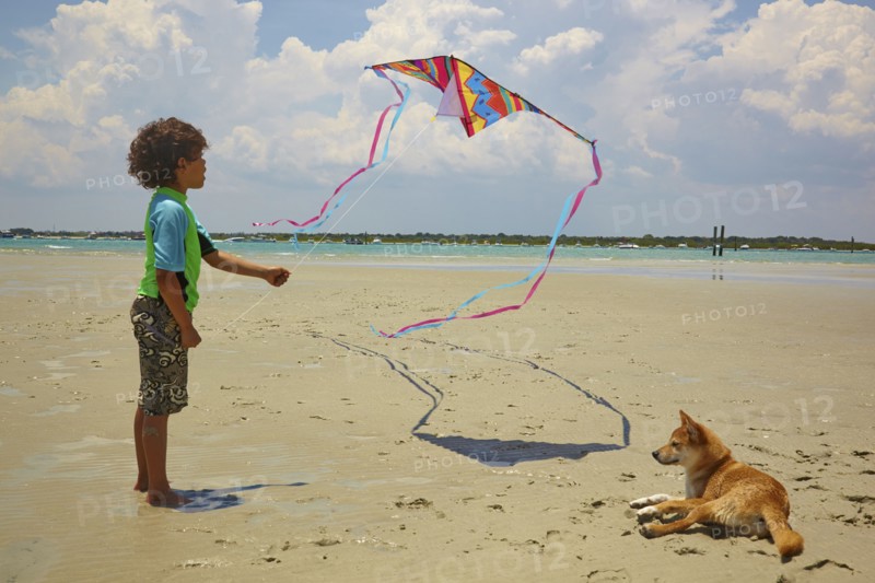 Mixed race boy flying kite on beach