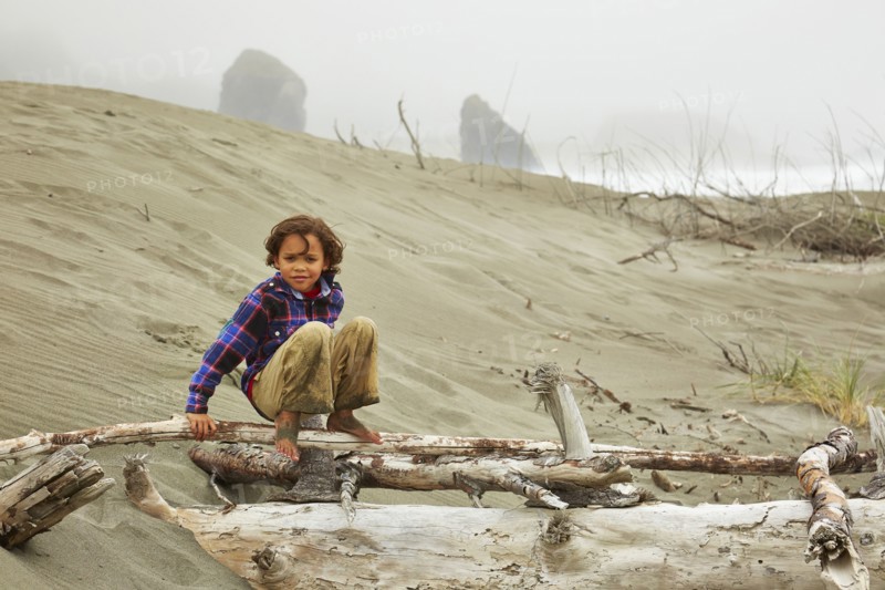 Mixed race boy crouching on driftwood on beach