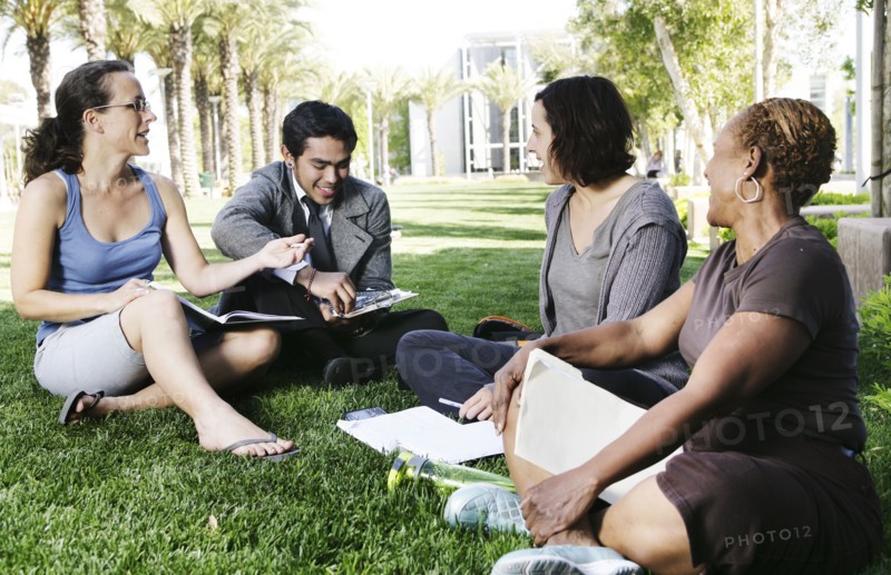 Adult students studying together in park
