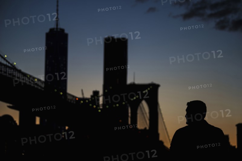 Silhouette of man admiring bridge at night