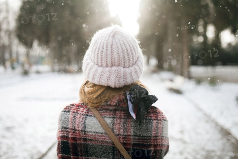 Rear view of Caucasian woman outdoors in snow