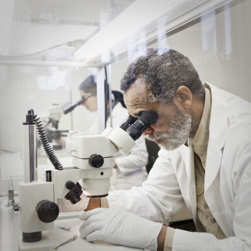 African American scientist using microscope in laboratory