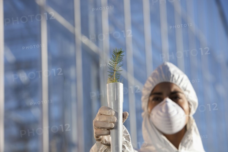 Scientist in clean suit holding tree seedling