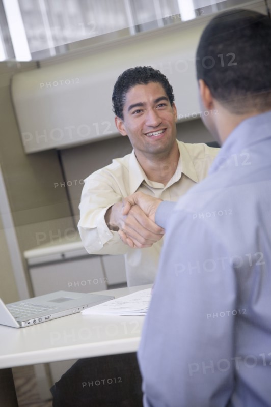 Businessmen shaking hands in office
