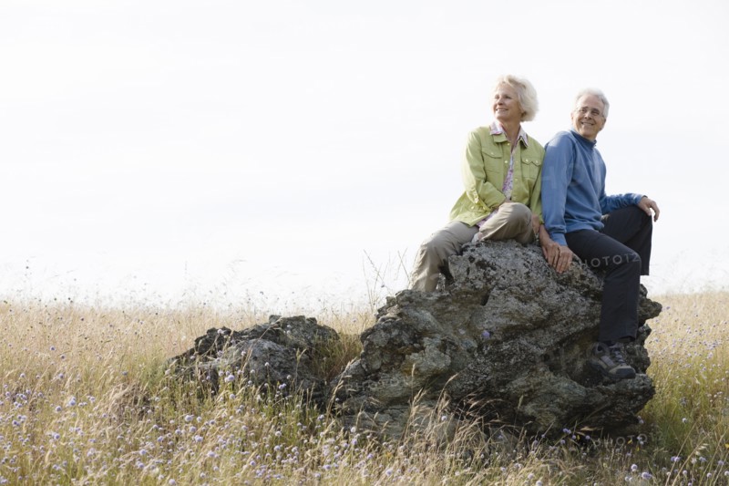 Caucasian couple sitting on rock in field