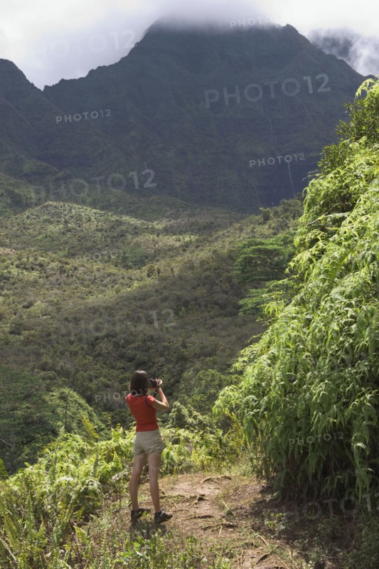 High angle view of woman looking out over lush jungle valley