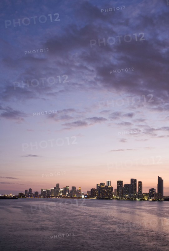 Miami city skyline and harbor at sunset