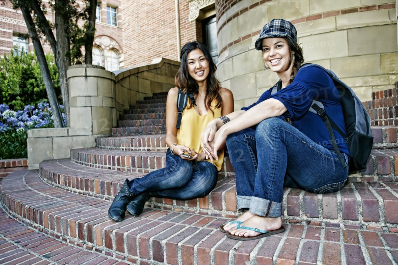 Students talking on campus steps
