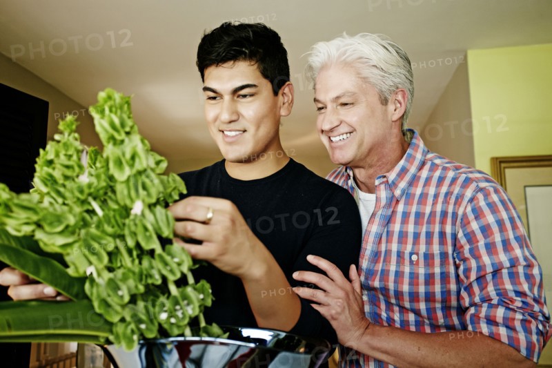 Homosexual couple arranging flowers