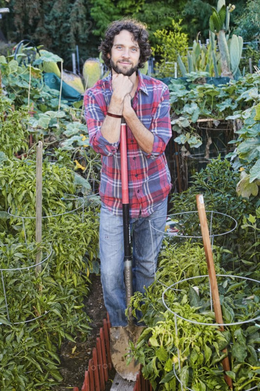Caucasian man working in garden