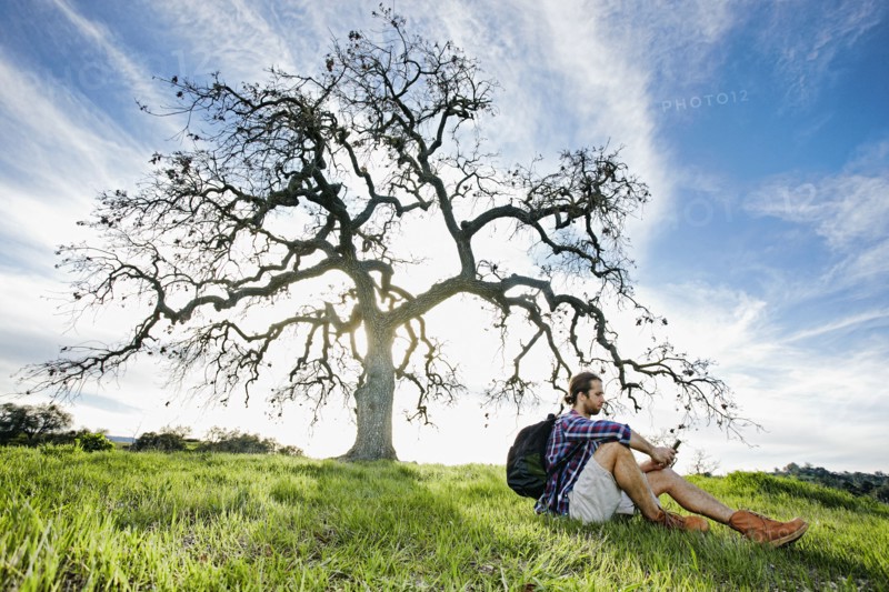 Caucasian man sitting in field near tree texting on cell phone