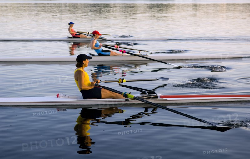 People rowing sculling boats on river