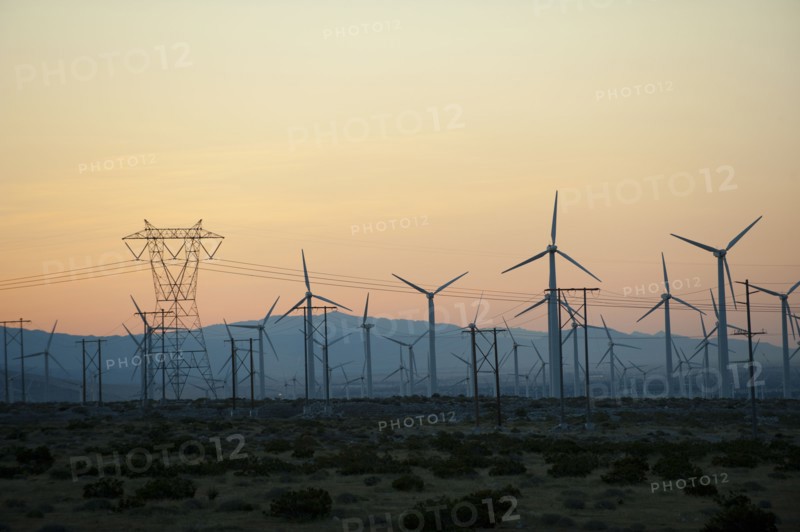 Wind farm in desert at sunset
