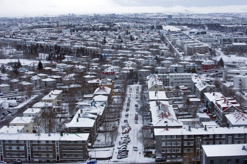 Aerial view of snowy cityscape