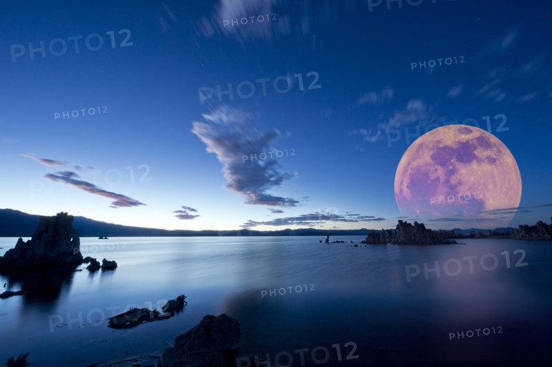 Moon over rock formation at Mono Lake