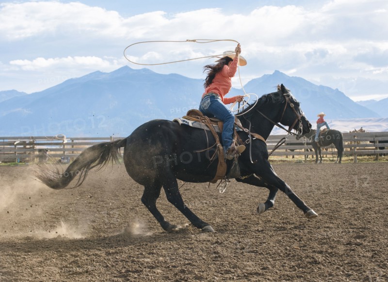 Caucasian woman using lasso on horse at rodeo
