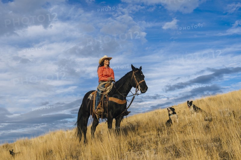 Caucasian woman on horseback on grassy hill