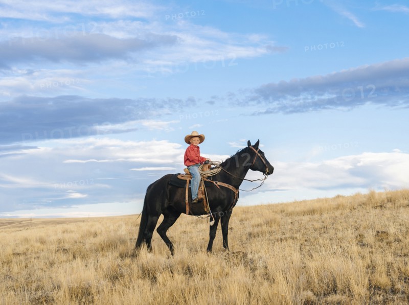 Caucasian boy on horseback on grassy hill