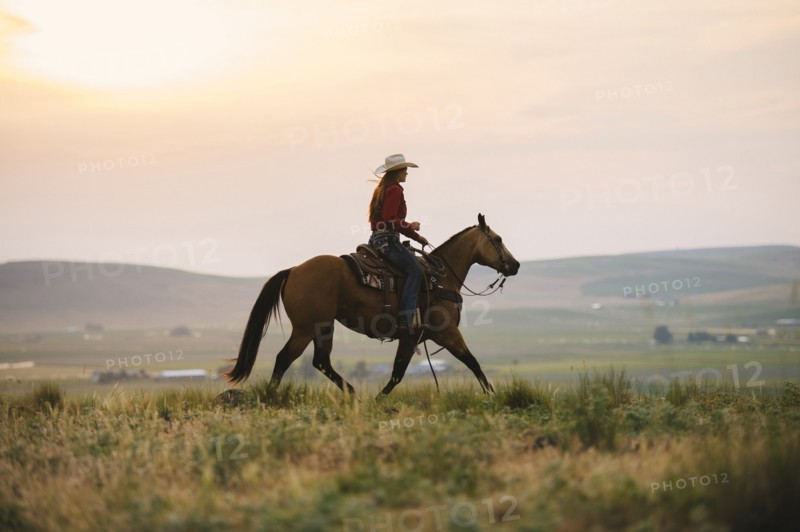 Caucasian cowgirl riding horse in rural field