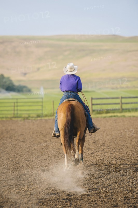 Cowboy riding horseback on ranch