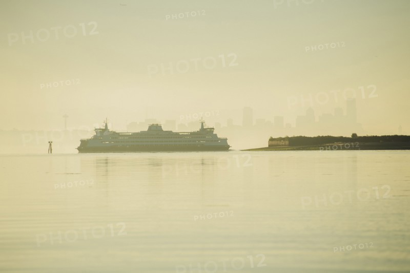 Cruise ship near city skyline at sunset