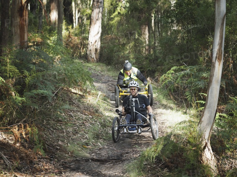 Men riding modified bicycles on forest path