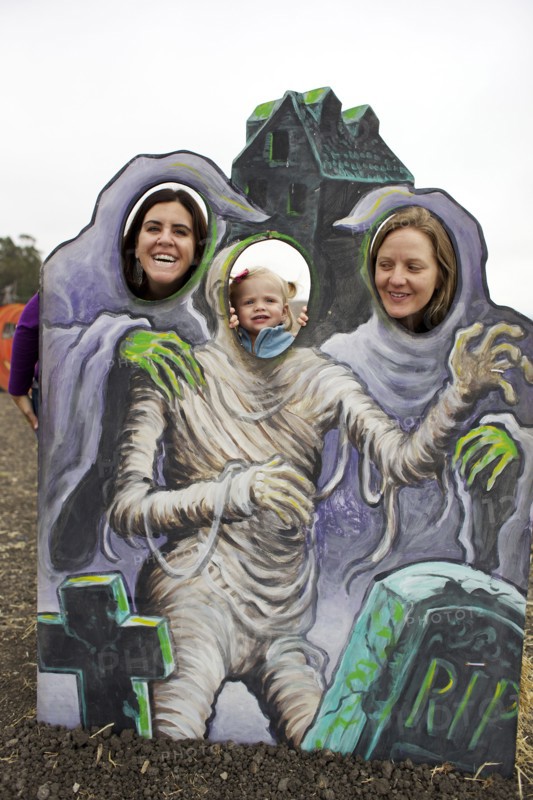 Family enjoying Halloween decoration