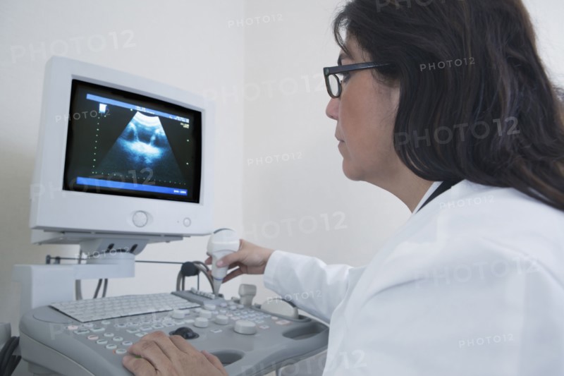 Hispanic doctor examining sonogram in hospital