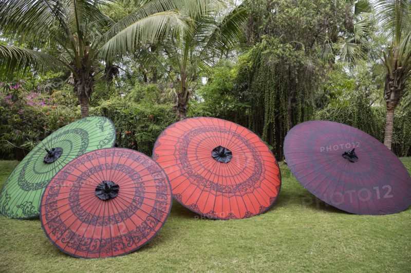 Traditional parasols in backyard