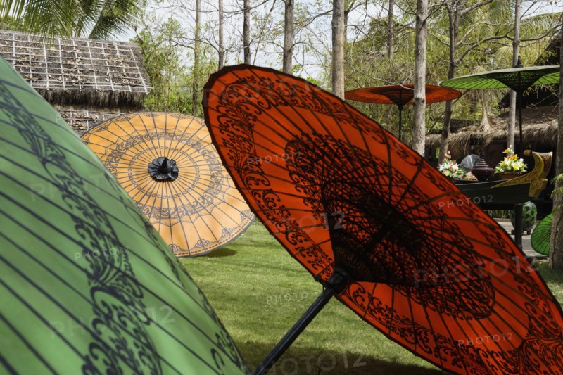 Traditional parasols in backyard