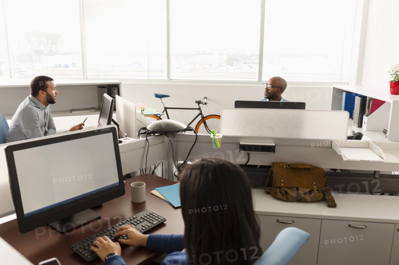 People working at computers in office