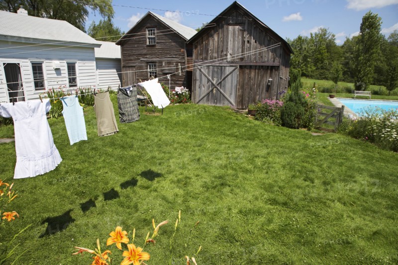 Clothesline and green lawn in backyard