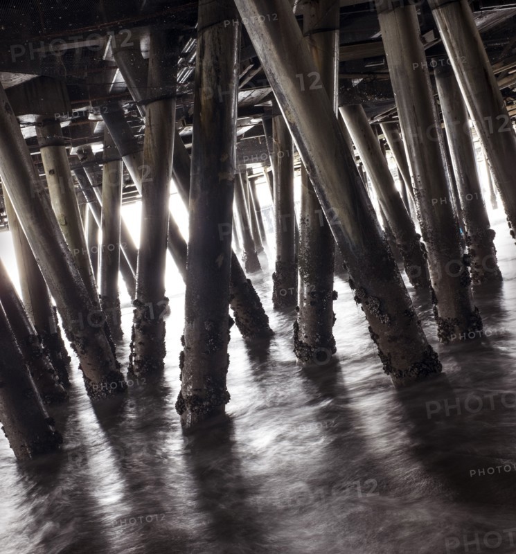 Wooden pillars of boardwalk in waves