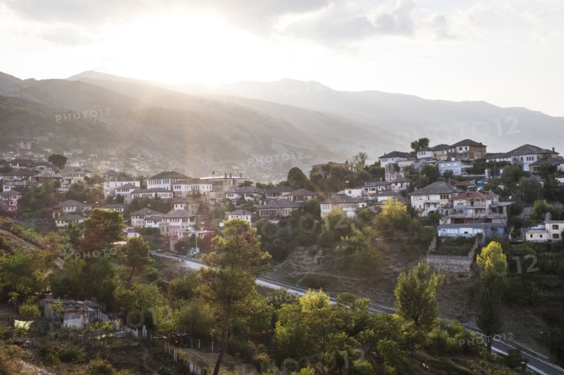 Aerial view of village in rural landscape