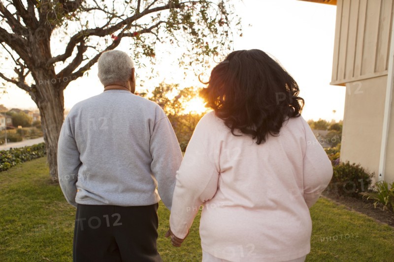 Rear view of couple walking in backyard