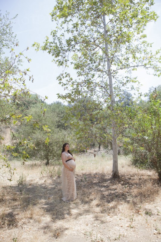 Pregnant Caucasian woman standing in forest