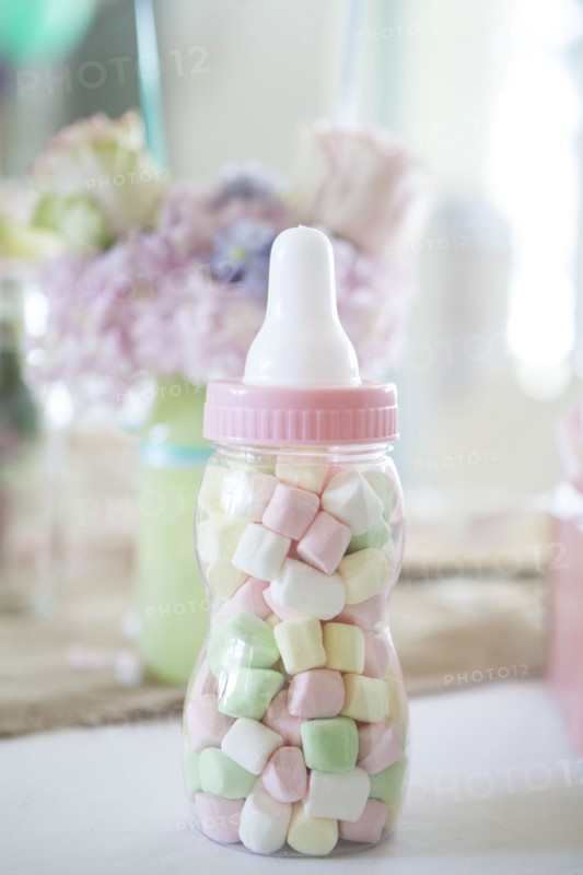 Close up of candy baby bottle gift