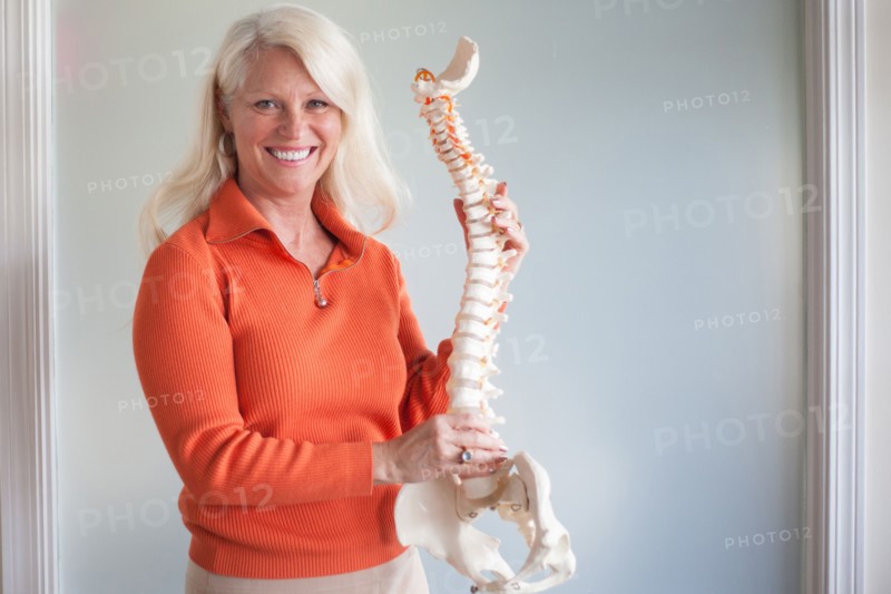 Caucasian chiropractor holding model spine