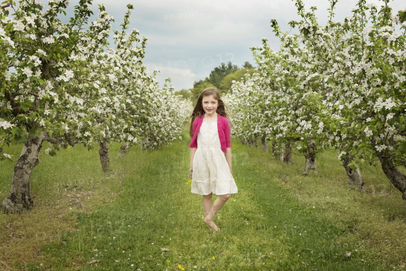 Caucasian girl walking in blooming orchard