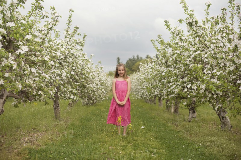 Caucasian girl standing in blooming orchard