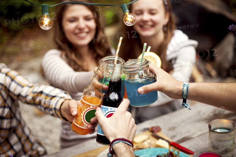 Friends toasting with soda at picnic table