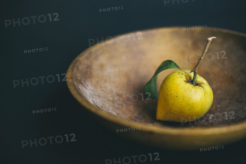Fresh lemon and stem in wooden bowl