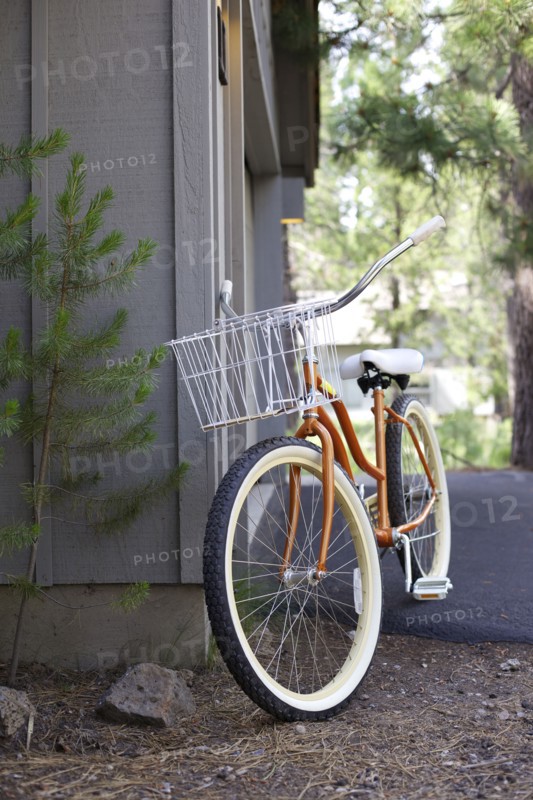 Bicycle leaning on corner of house