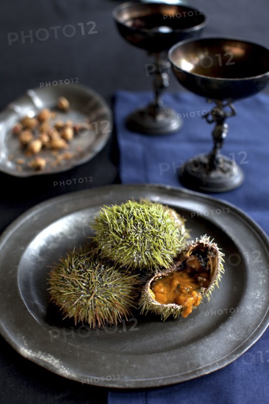 Plate of sea hedgehog on table