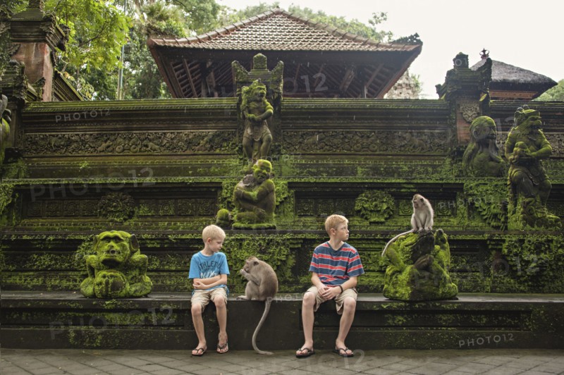 Caucasian brothers examining monkeys on ruins